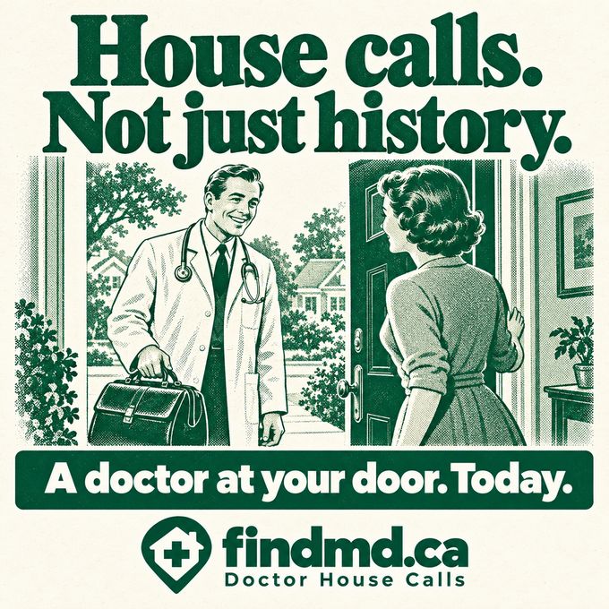 Vintage-style illustration of a smiling doctor with a medical bag at a woman's front door. The poster reads: “House calls. Not just history. A doctor at your door. Today.” It ends with the FINDMD.ca Doctor House Calls logo.