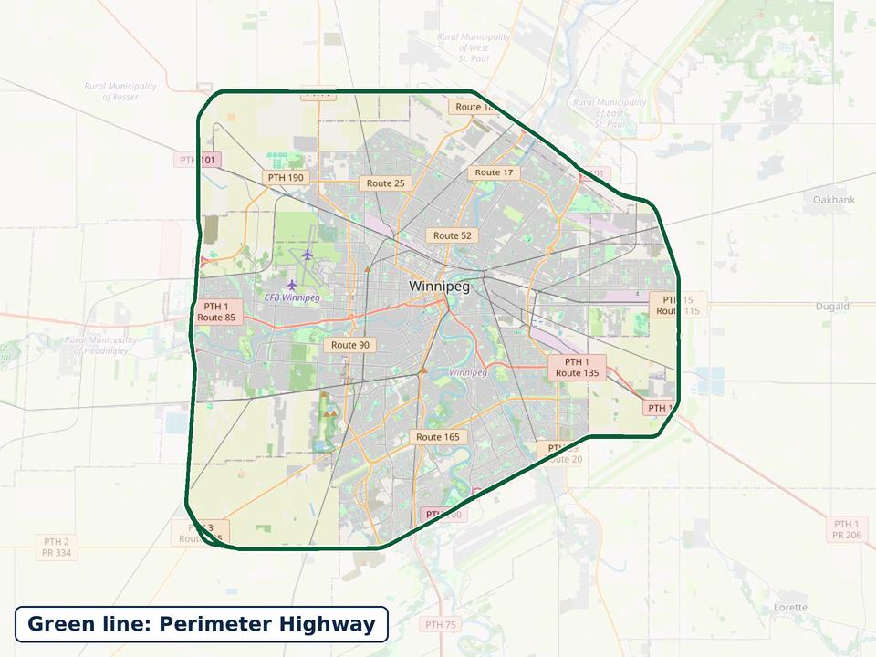 Map of Winnipeg with the Perimeter Highway drawn as a green ring. We visit homes anywhere inside the ring; the area outside it is shown faded.